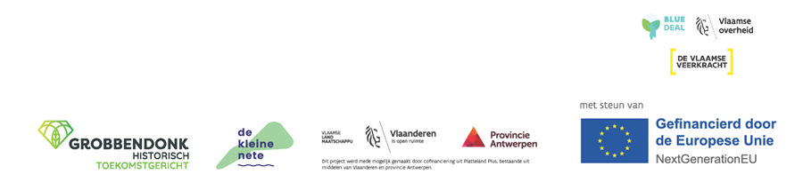 Logo's van verschillende Vlaamse en Europese organisaties en projecten, waaronder Grobbendonk, De Kleine Nete en Europese Unie.
