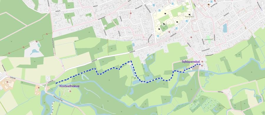 Kaart met wandelroute van Kasteelhoeve naar Schapenstal door bos- en landbouwgebied.