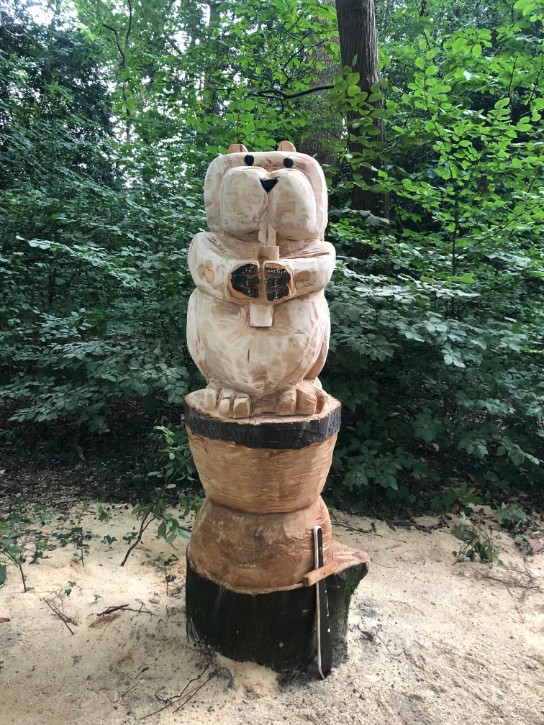 Houten beeld van bever Bas die een zwaard vasthoudt, staand op een boomstronk in een bosrijke omgeving.