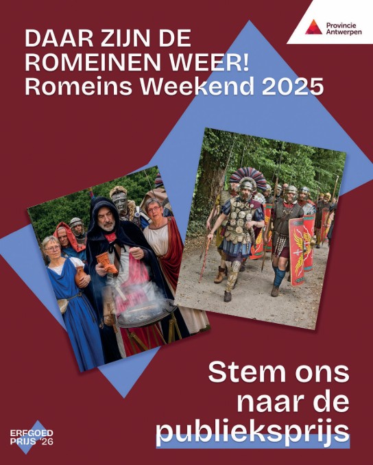 Affiche Romeins Weekend 2025 met mensen in Romeinse kleding en oproep om te stemmen voor publieksprijs. (vergroot foto)