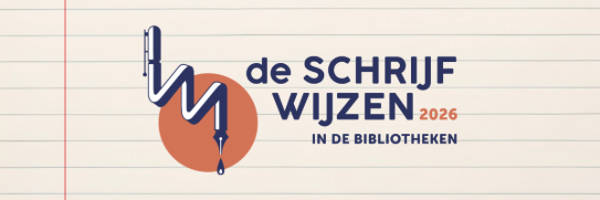 Logo van 'de Schrijfwijzen 2026 in de bibliotheken' met pen en inkt op een gelinieerd papier. (vergroot foto)